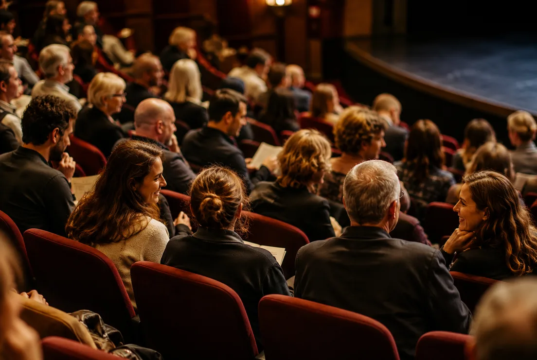 A full theatre auditorium seen from behind the audience