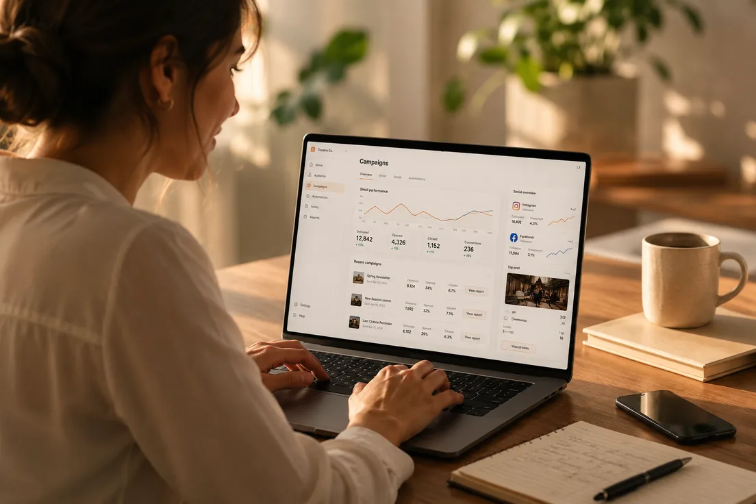 An organiser scheduling a campaign at a laptop