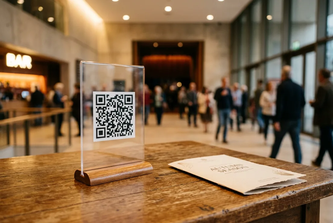 A QR-code stand on a table in an event foyer
