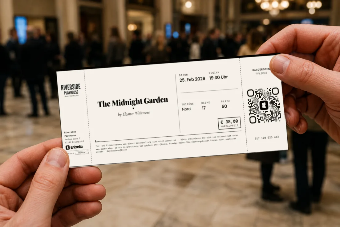 A printed ticket held up in an event foyer
