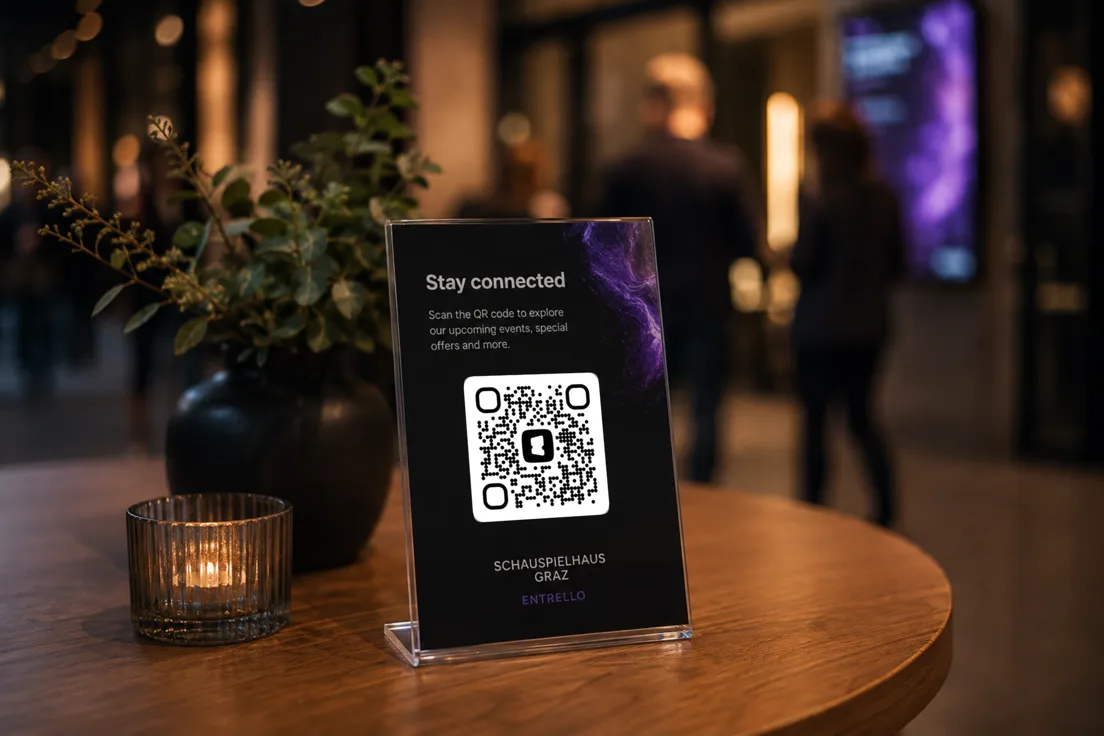 A QR-code table stand in an event foyer