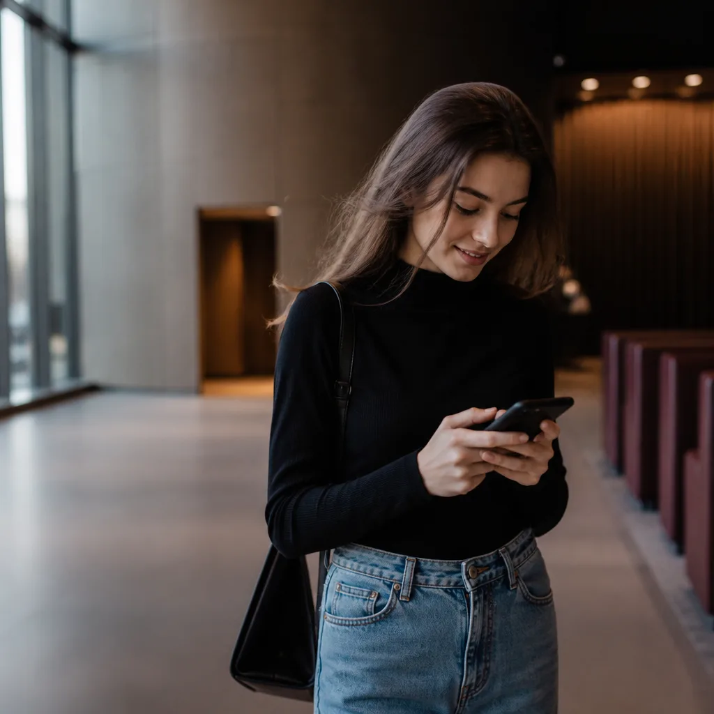 A visitor checking their phone in an event foyer