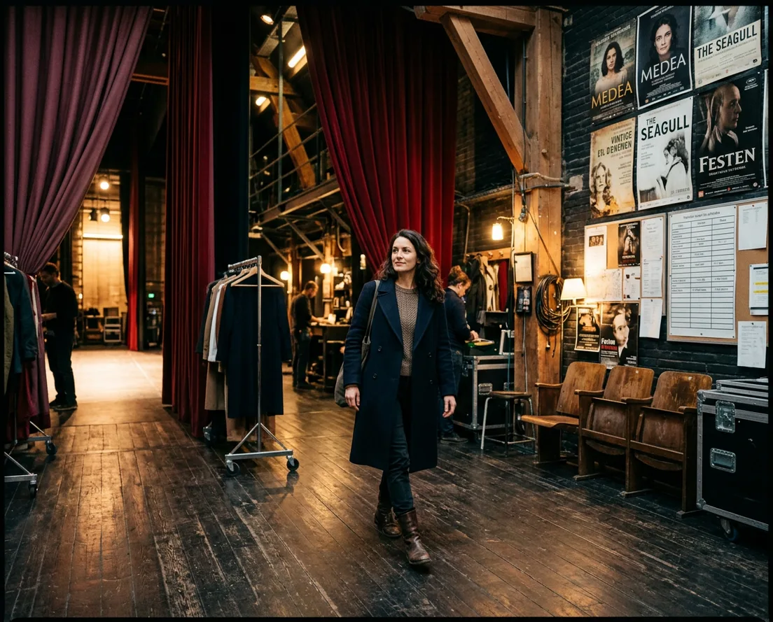 A visitor arriving in a theatre foyer