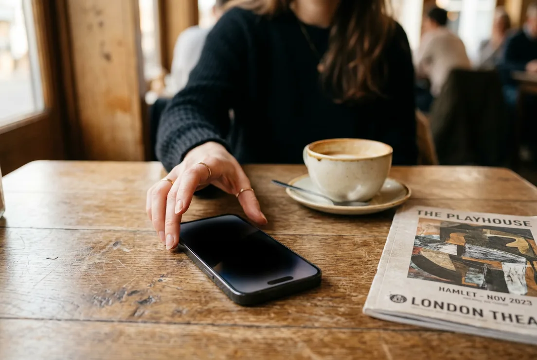 A phone on a café table showing a lock-screen notification