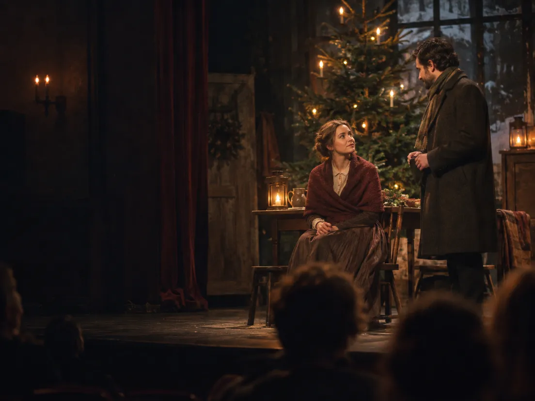 A Christmas scene on stage, watched from the stalls